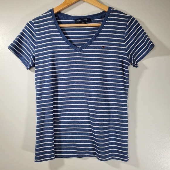 Tommy Hilfiger Striped V-Neck Short Sleeve T-Shirt Navy White Size Small - Picture 8 of 8